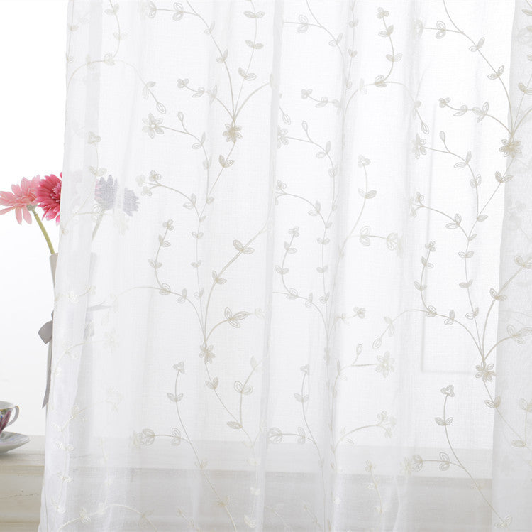 White Sheer Curtains Adorned with Delicate Small Flower and Leaf Embroidery