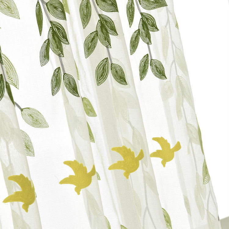 White Sheer Curtains with Delicate Green Leaves and Yellow Bird Embroidery