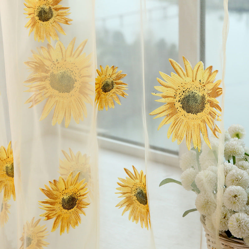 Sunny Yellow Sunflower Print on White Sheer Curtains