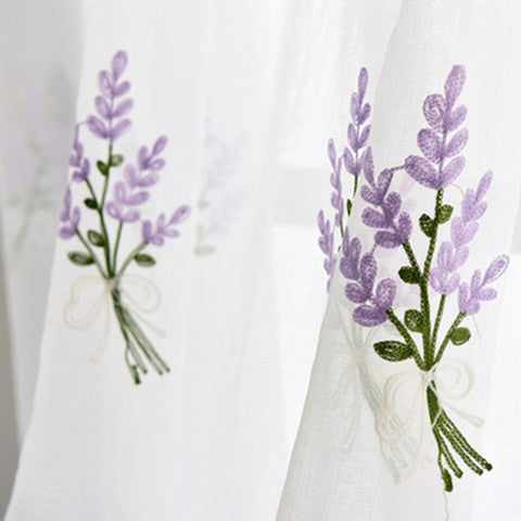 White Sheer Curtains Adorned with Beautiful Purple Lavender Embroidery