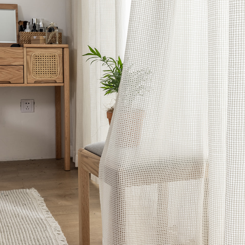 White Sheer Curtains with Modern Hollow Grid Mesh Design