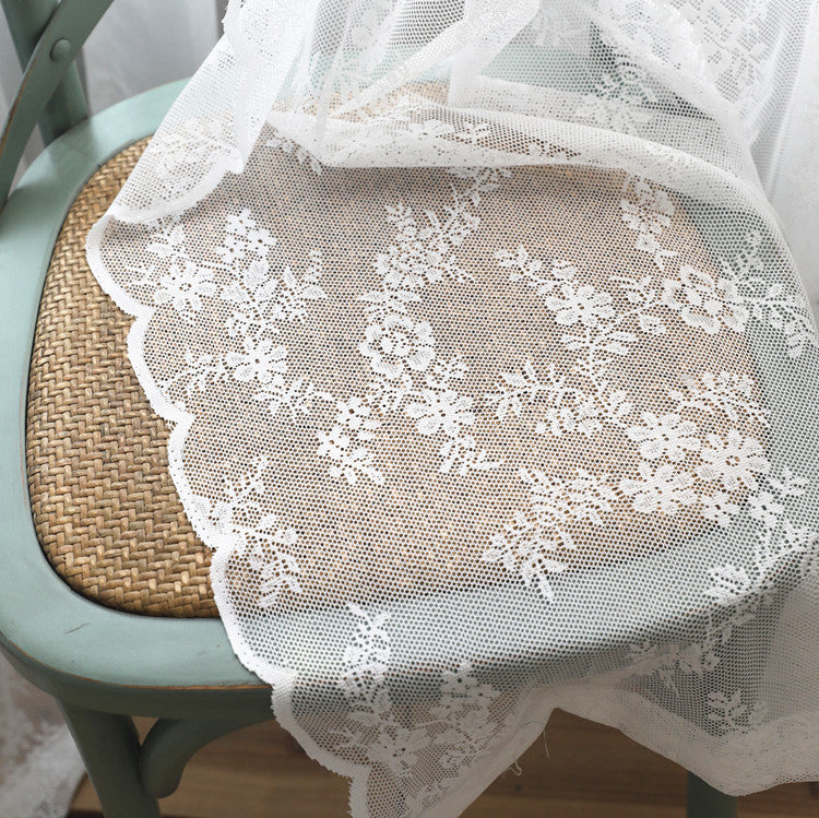 Floral Embroidered White Lace Sheer Curtains with Stylish Wave Trim