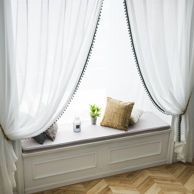 Stylish White Sheer Curtains with Pompoms and Embroidered Trim