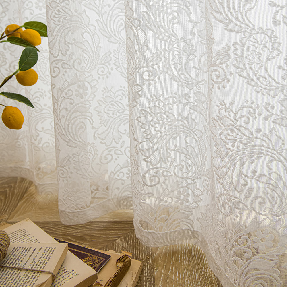 Chic White Sheer Curtains with Lace Inlaid Pearl and Distinctive Wave Trim