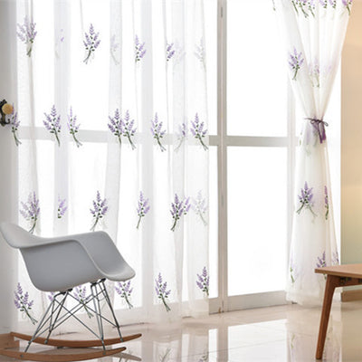 White Sheer Curtains Adorned with Beautiful Purple Lavender Embroidery