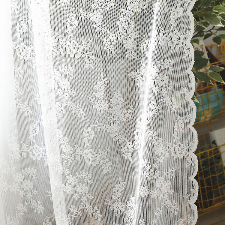 Floral Embroidered White Lace Sheer Curtains with Stylish Wave Trim