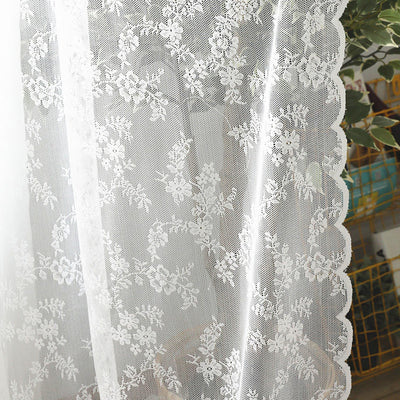 Floral Embroidered White Lace Sheer Curtains with Stylish Wave Trim