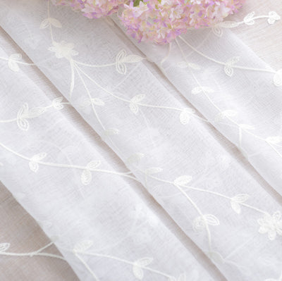 White Sheer Curtains Adorned with Delicate Small Flower and Leaf Embroidery