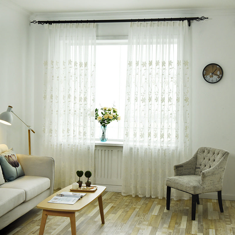 Floral Embroidered White Sheer Curtains with Flower Leaves and Vines Design