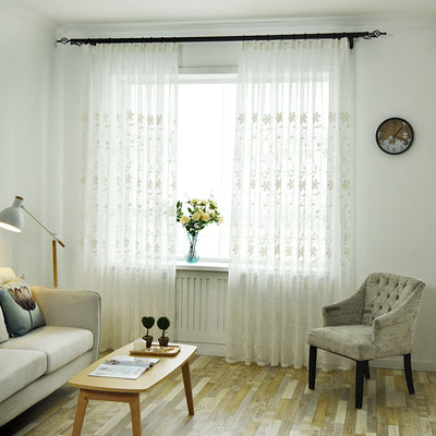 Floral Embroidered White Sheer Curtains with Flower Leaves and Vines Design