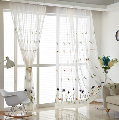 White Sheer Curtains with Beautiful Dragonfly and Purple Floral Embroidery
