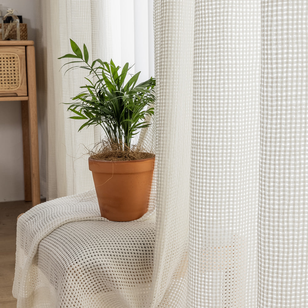 White Sheer Curtains with Modern Hollow Grid Mesh Design
