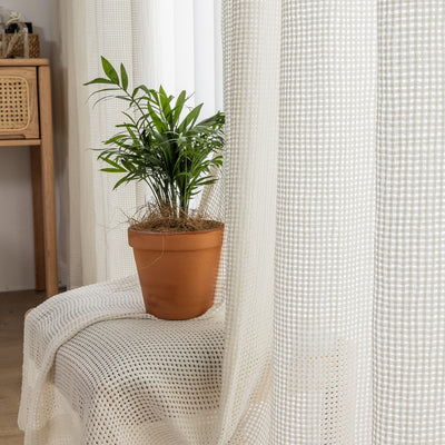 White Sheer Curtains with Modern Hollow Grid Mesh Design