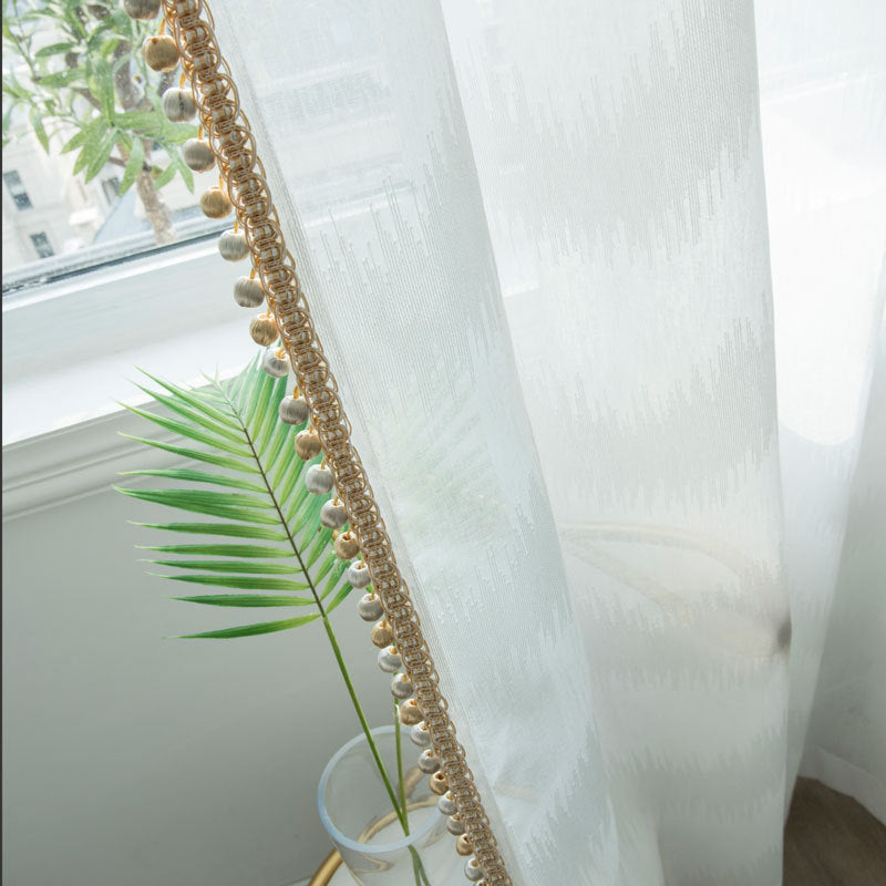 White Sheer Curtains with Luxurious Gold Pompoms and Wave Jacquard Pattern