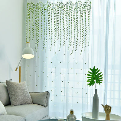 White Sheer Curtains with Beautiful Green Willow Leaves Vine Design