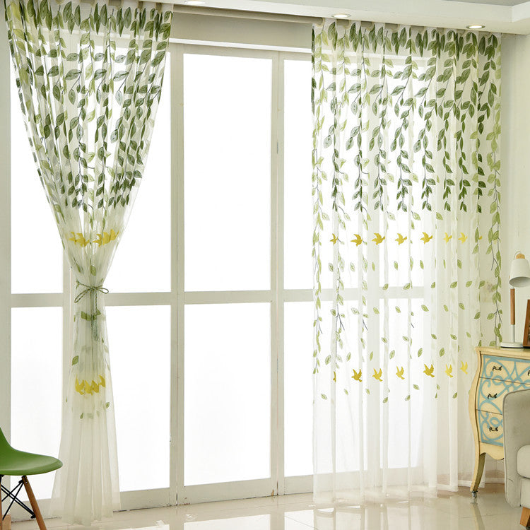 White Sheer Curtains with Delicate Green Leaves and Yellow Bird Embroidery
