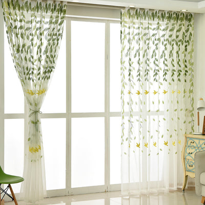 White Sheer Curtains with Delicate Green Leaves and Yellow Bird Embroidery