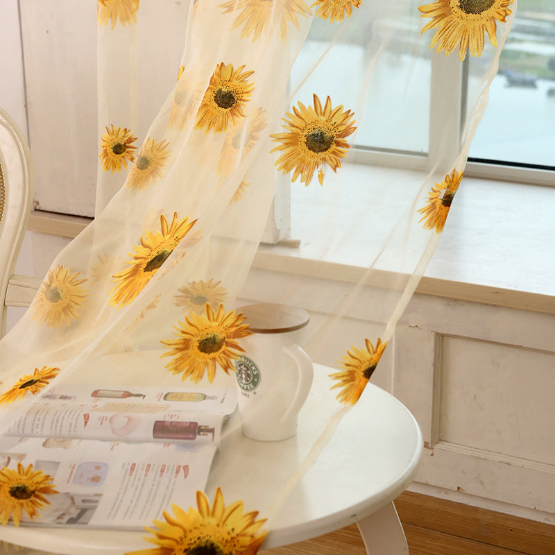 Sunny Yellow Sunflower Print on White Sheer Curtains