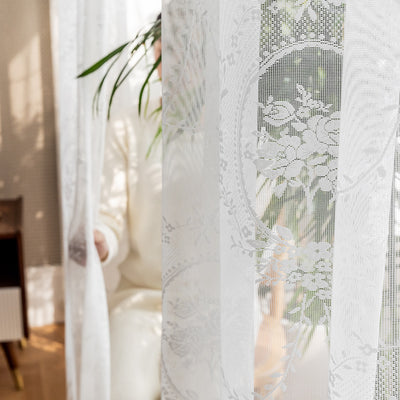 Chic White Lace Sheer Curtains - Rose Mirror Embroidery & Jacquard Finish