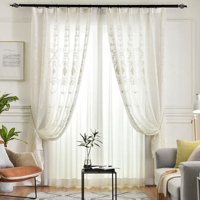 White Sheer Curtains with Exquisite Retro Royal Flower Embroidery Design