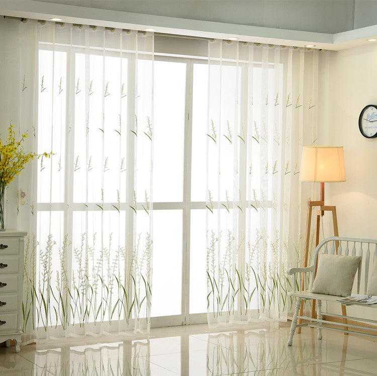 White Sheer Curtains with Beautiful Rice Green Wheat and Flower Embroidery