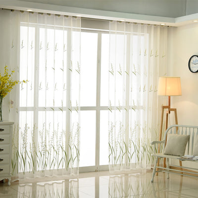 White Sheer Curtains with Beautiful Rice Green Wheat and Flower Embroidery