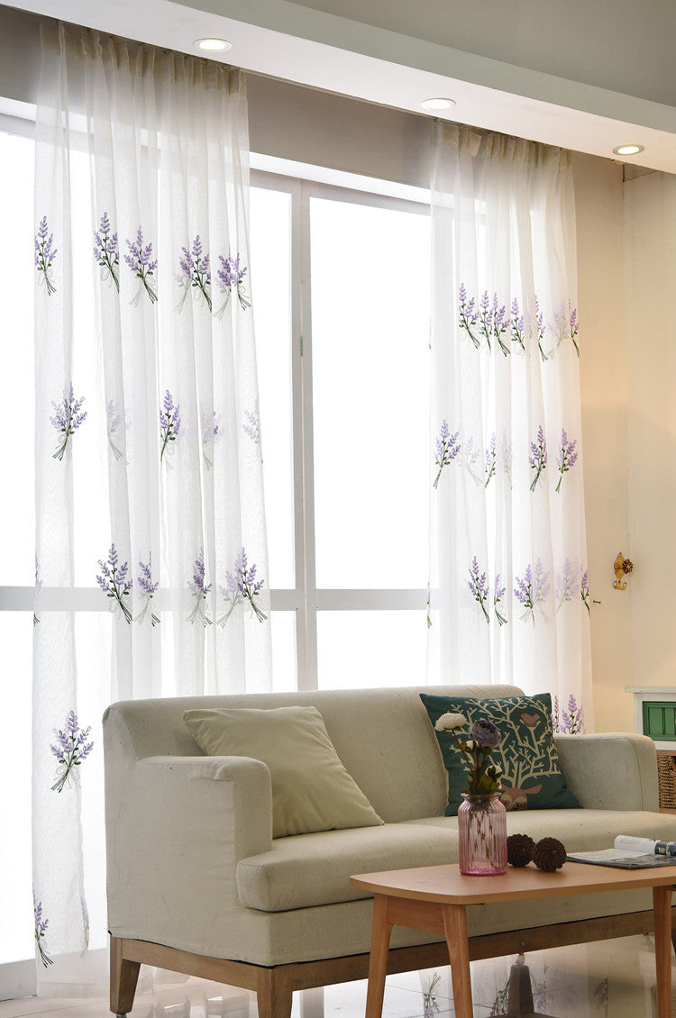 White Sheer Curtains Adorned with Beautiful Purple Lavender Embroidery