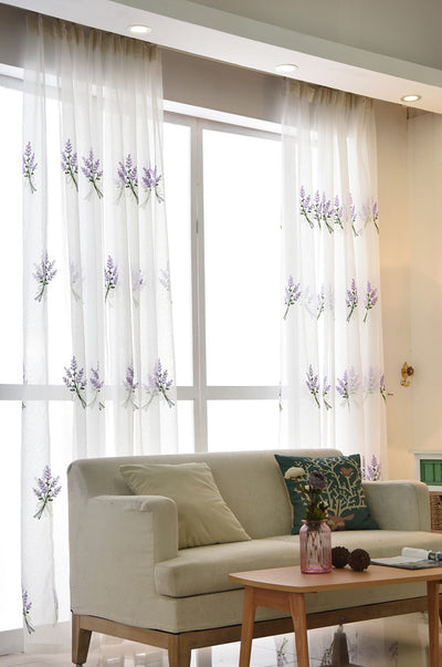 White Sheer Curtains Adorned with Beautiful Purple Lavender Embroidery