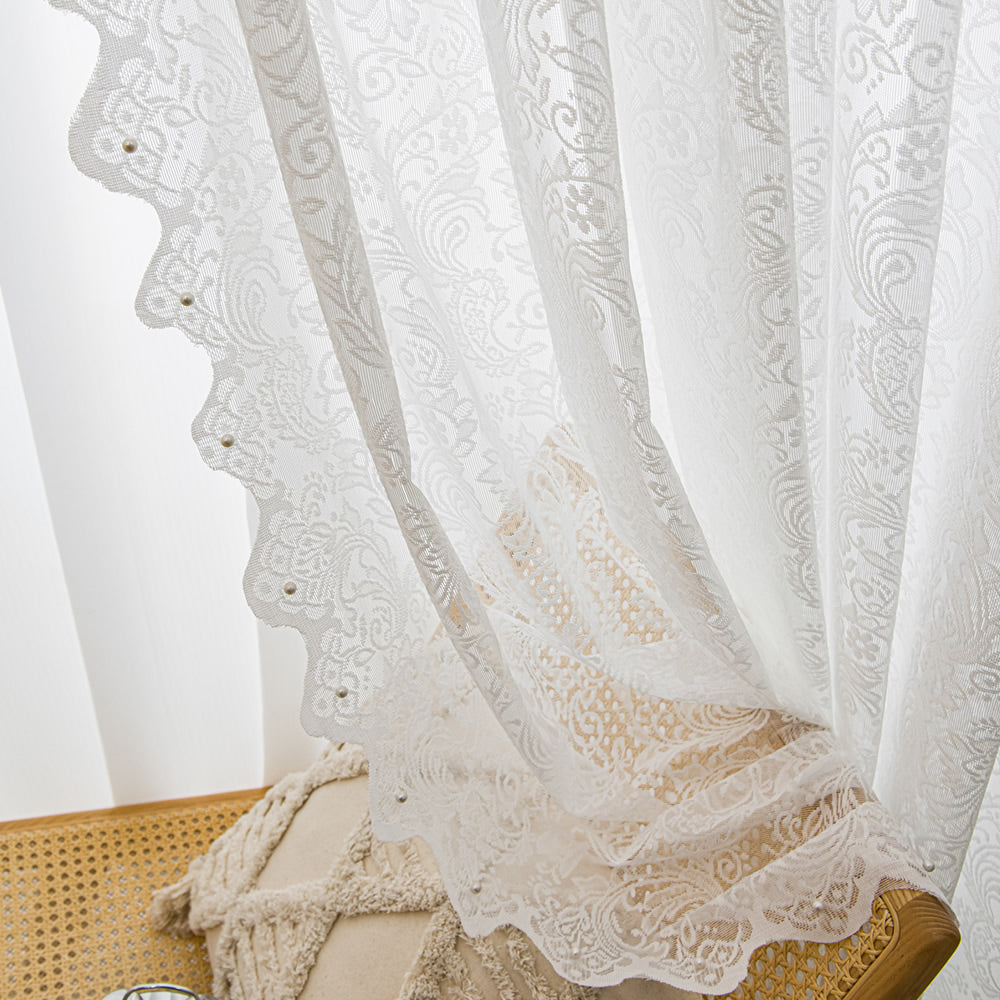 Chic White Sheer Curtains with Lace Inlaid Pearl and Distinctive Wave Trim
