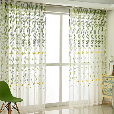 White Sheer Curtains with Delicate Green Leaves and Yellow Bird Embroidery