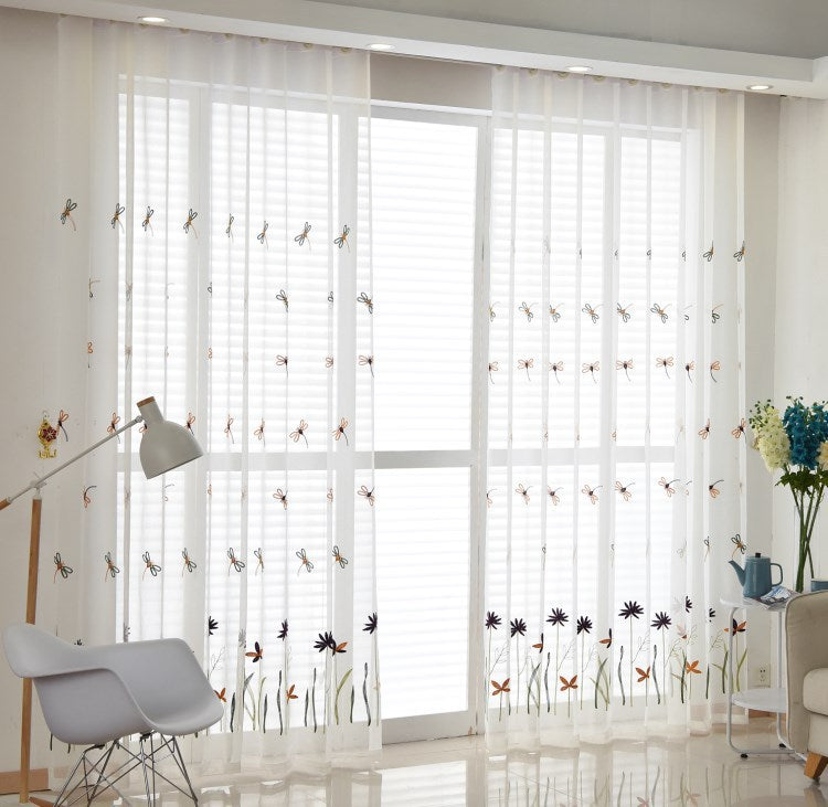 White Sheer Curtains with Beautiful Dragonfly and Purple Floral Embroidery