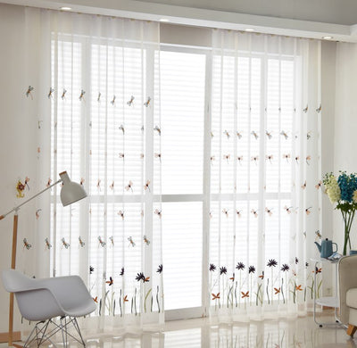White Sheer Curtains with Beautiful Dragonfly and Purple Floral Embroidery