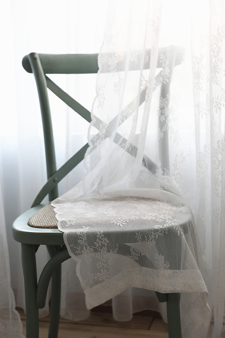 Floral Embroidered White Lace Sheer Curtains with Stylish Wave Trim