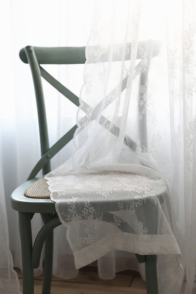 Floral Embroidered White Lace Sheer Curtains with Stylish Wave Trim