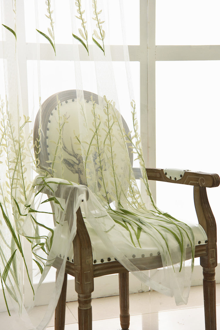 White Sheer Curtains with Beautiful Rice Green Wheat and Flower Embroidery