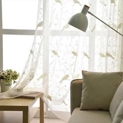 White Sheer Curtains Featuring Delicate Bird Branch Embroidery - Stylish Window Treatment