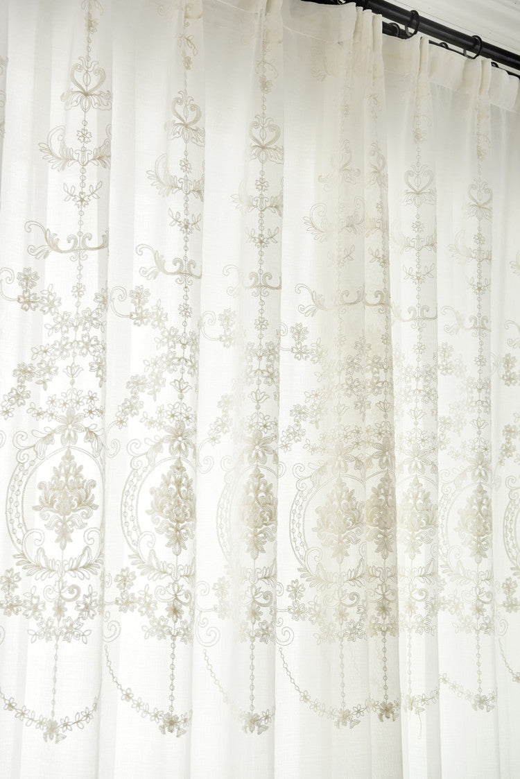White Sheer Curtains with Exquisite Retro Royal Flower Embroidery Design