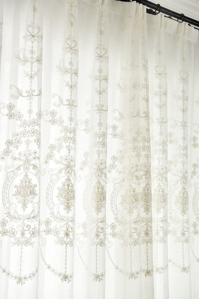 White Sheer Curtains with Exquisite Retro Royal Flower Embroidery Design