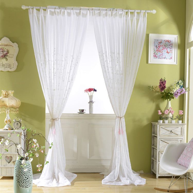 White Sheer Curtains Adorned with Delicate Small Flower and Leaf Embroidery