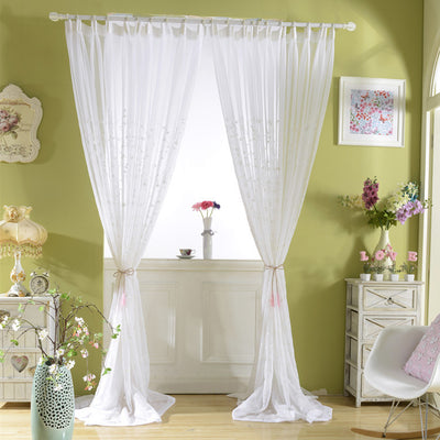 White Sheer Curtains Adorned with Delicate Small Flower and Leaf Embroidery