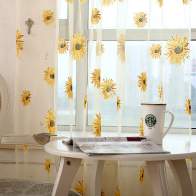 Sunny Yellow Sunflower Print on White Sheer Curtains