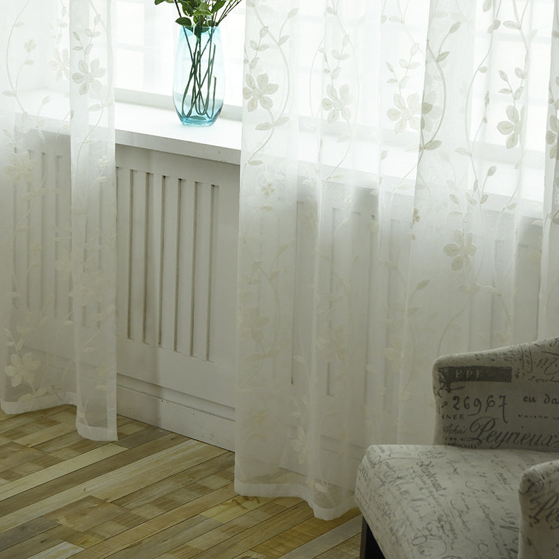 Floral Embroidered White Sheer Curtains with Flower Leaves and Vines Design