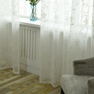 Floral Embroidered White Sheer Curtains with Flower Leaves and Vines Design