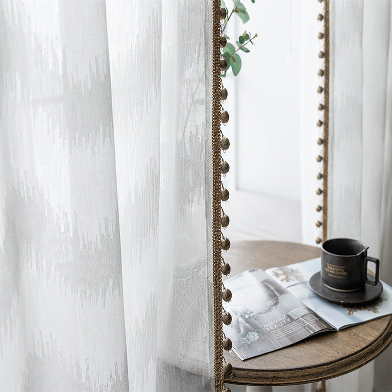 White Sheer Curtains with Luxurious Gold Pompoms and Wave Jacquard Pattern