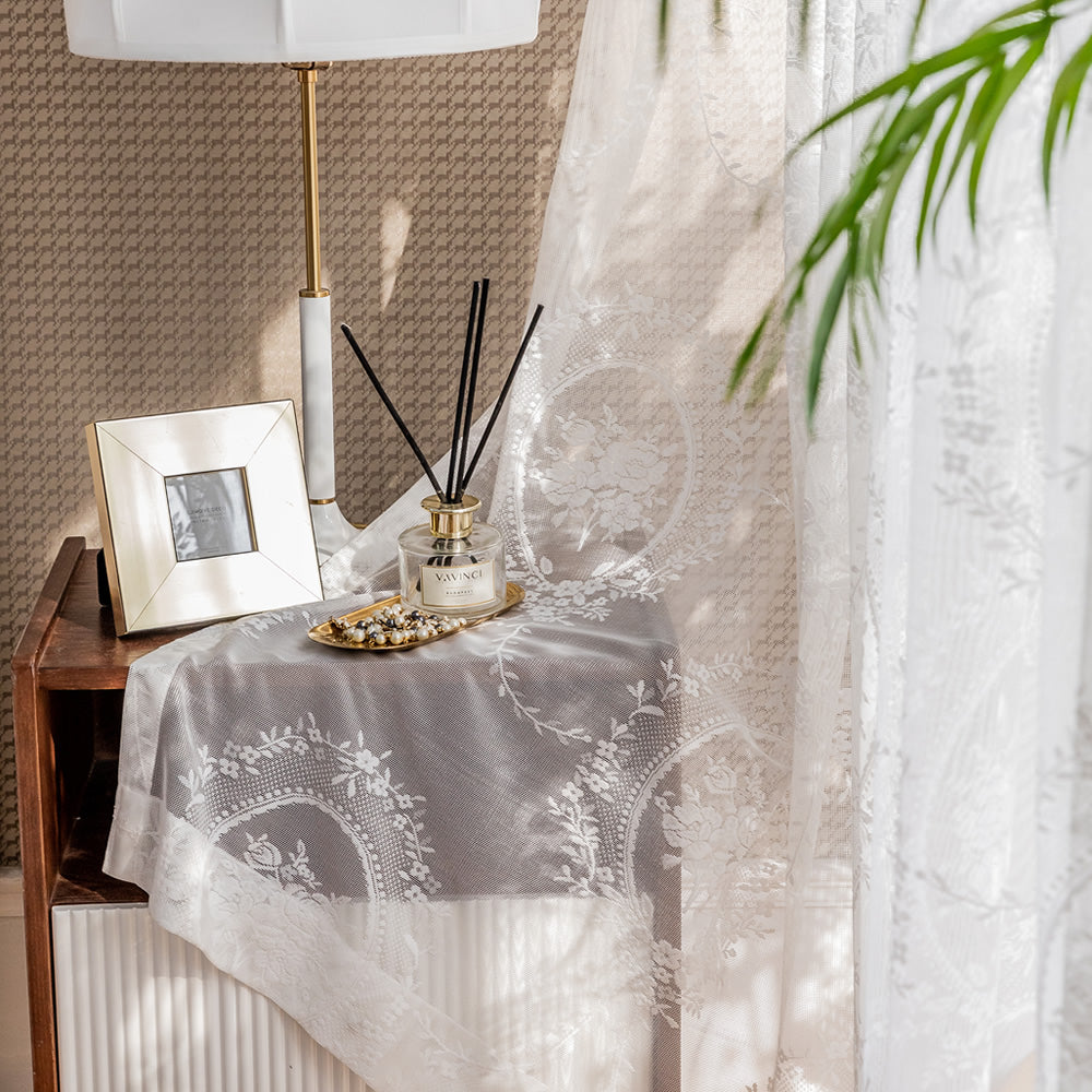 Chic White Lace Sheer Curtains - Rose Mirror Embroidery & Jacquard Finish