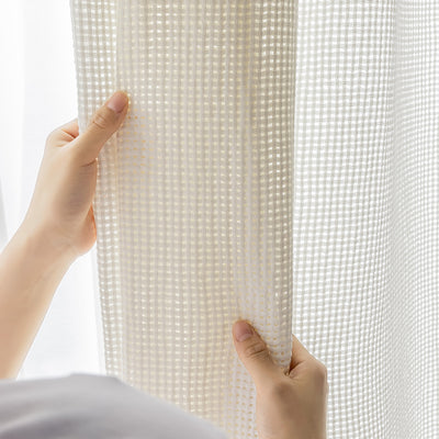 White Sheer Curtains with Modern Hollow Grid Mesh Design