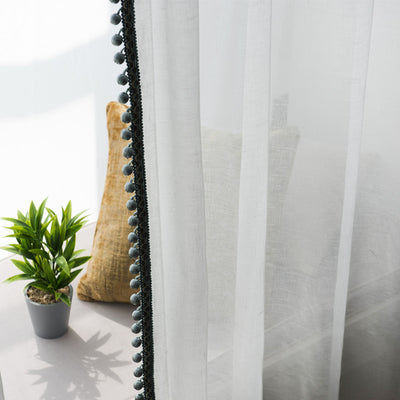 Stylish White Sheer Curtains with Pompoms and Embroidered Trim