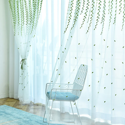 White Sheer Curtains with Beautiful Green Willow Leaves Vine Design