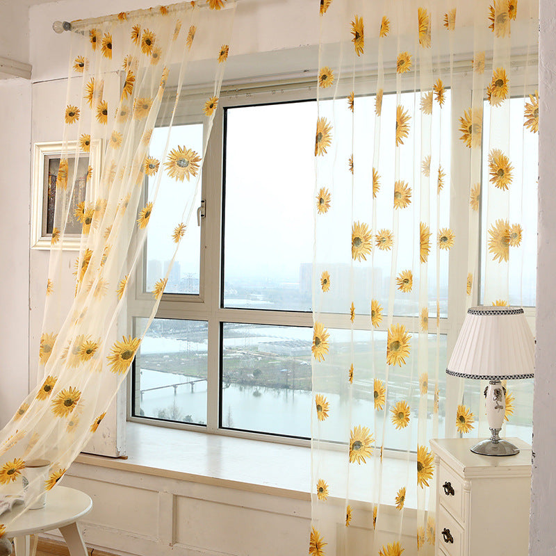 Sunny Yellow Sunflower Print on White Sheer Curtains