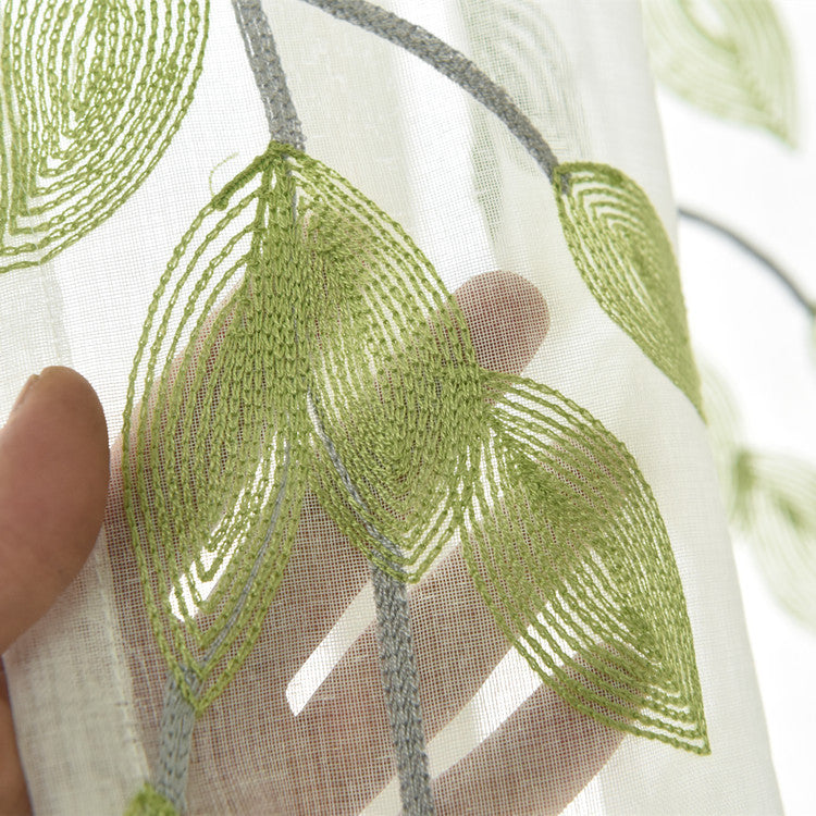 White Sheer Curtains with Delicate Green Leaves and Yellow Bird Embroidery